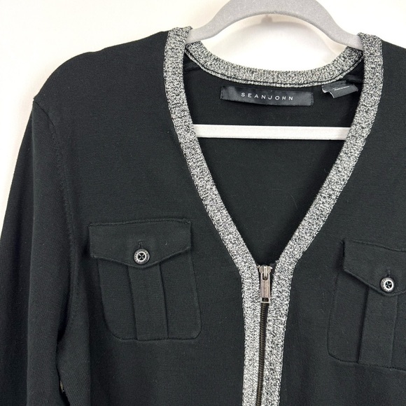 Sean John Women’s Sz L Black / Grey Full Zip Sweater V Neck Grannycore Casual LS - Picture 2 of 8
